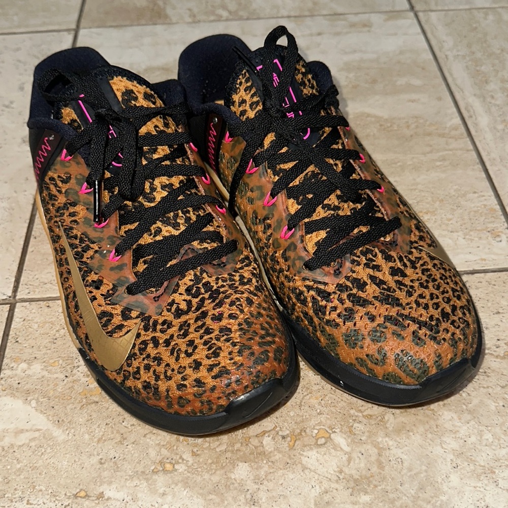 Nike Women's Leopard Print Sneakers with Gold Swoosh and Pink Accents